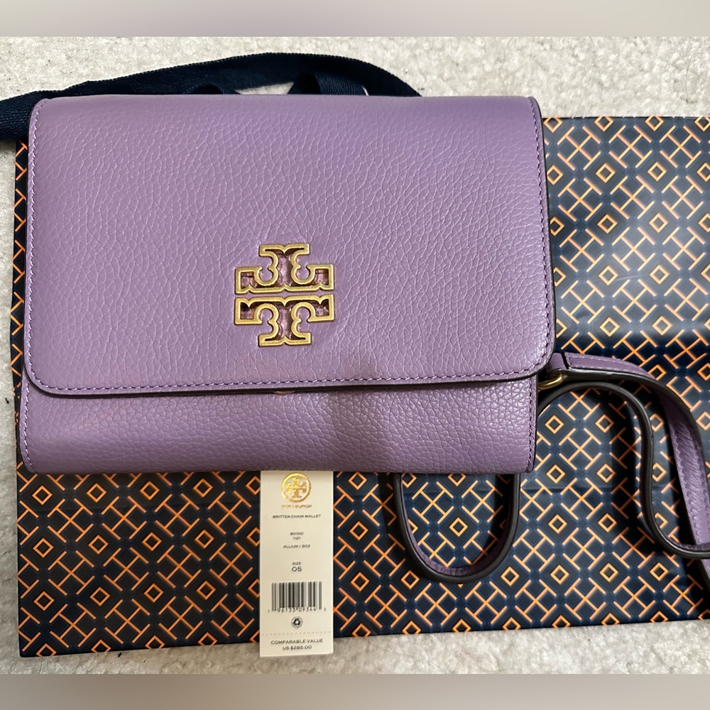Tory Burch Lilac Pebbled Leather Crossbody with Gold Logo